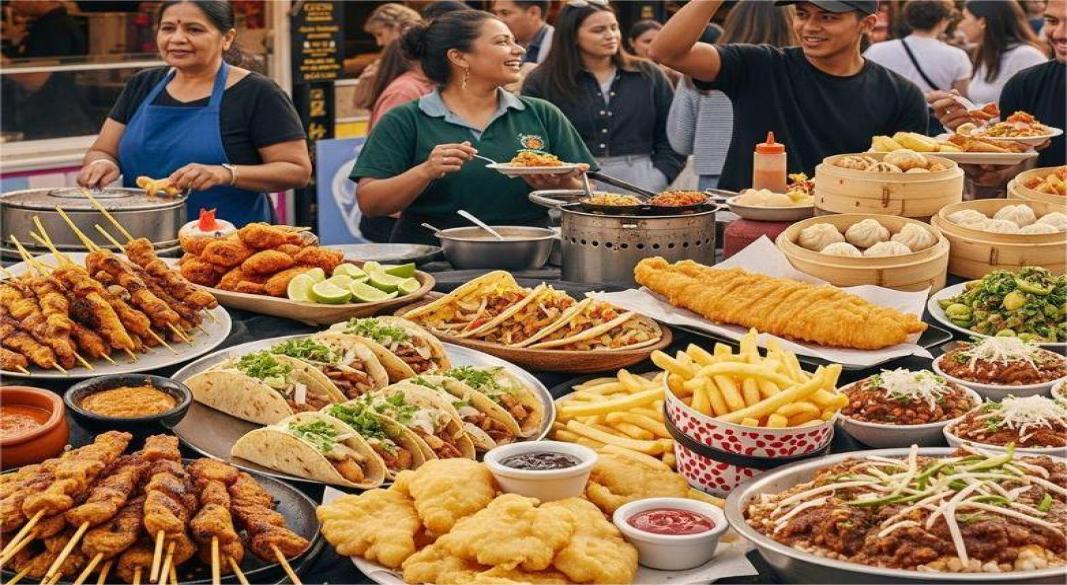 People enjoying vibrant street food stalls filled with colorful dishes