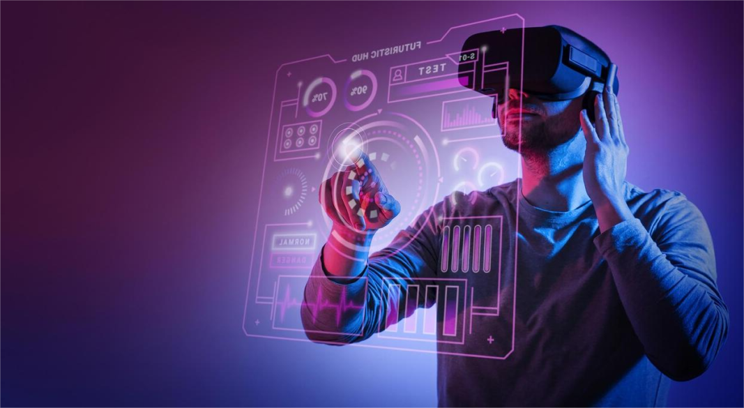A futuristic gaming setup showing VR headsets, cloud gaming, AI-driven worlds, and immersive haptic controllers symbolizing the future of gaming innovations.