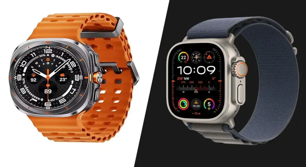 Apple Watch and Samsung Galaxy Watch side by side on a table