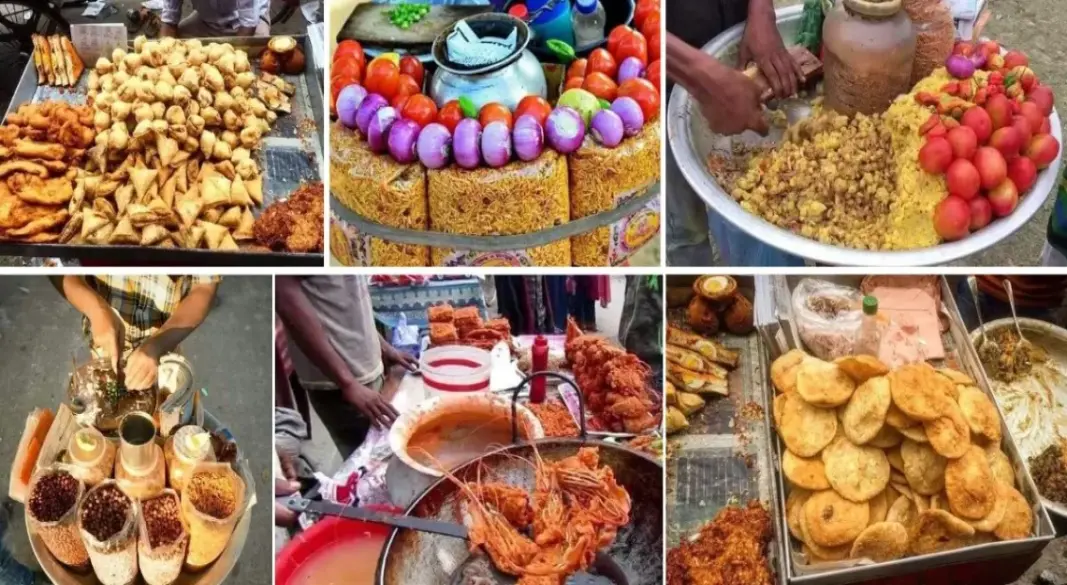 “Assorted world street foods on a rustic wooden table”