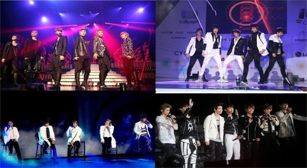 Korean pop idols performing on stage with energetic dance moves, bright visuals, and cheering global fans.