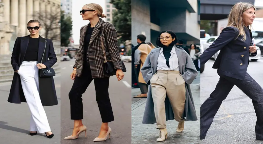 Flat lay of timeless fashion staples including a black dress, trench coat, white shirt, cashmere sweater, and minimal jewelry.