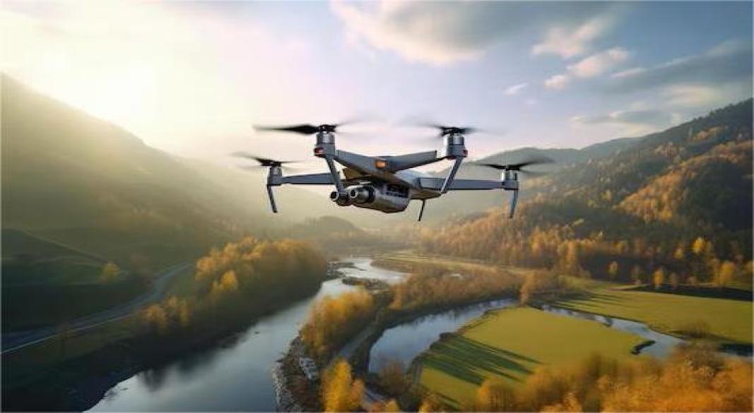 Modern drone flying over a scenic mountain landscape