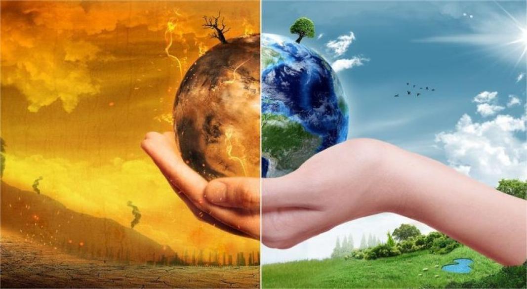 Illustration of Earth with green forests, renewable energy sources like wind turbines and solar panels, and signs of climate change such as melting ice and pollution