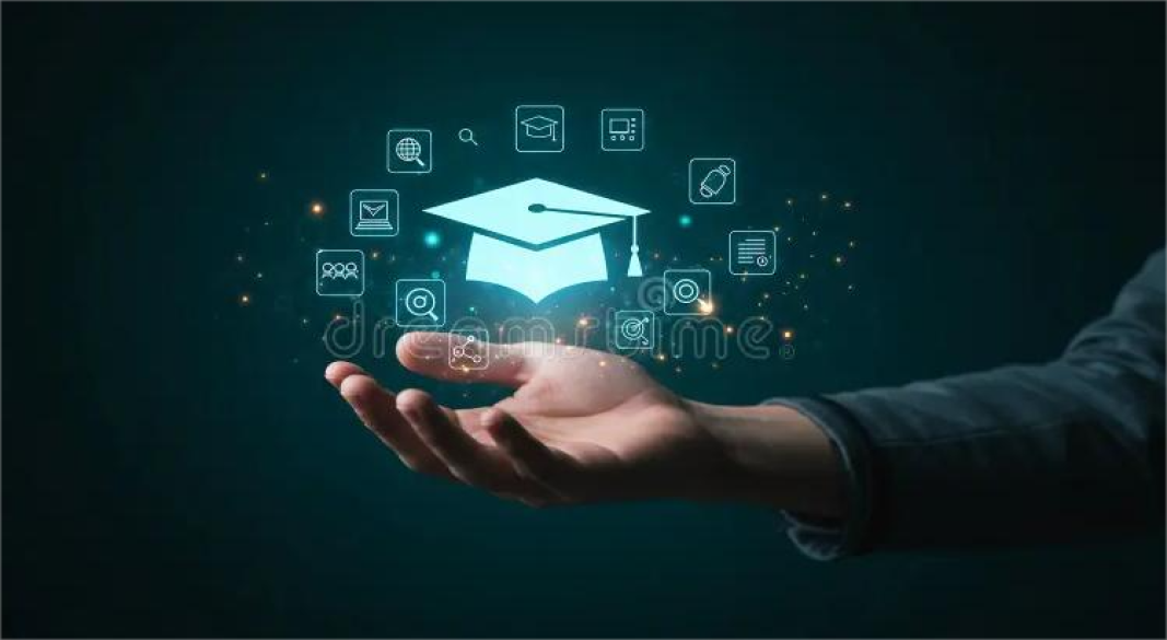 Student studying through laptop with virtual classroom and AI tutor, representing the rise of online courses