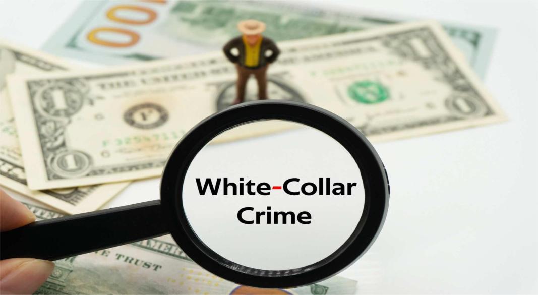 Concept of white collar crime showing corporate fraud, tax evasion, and money laundering with global financial impact