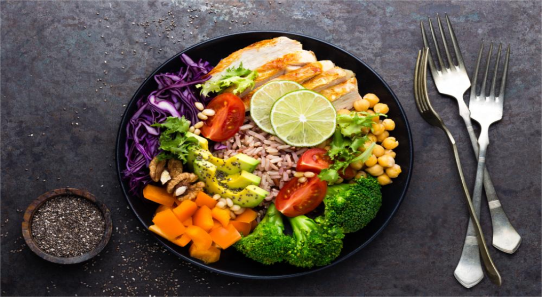Assortment of colorful food trends: plant-based meals, fermented foods, pistachio desserts, and sustainable packaging