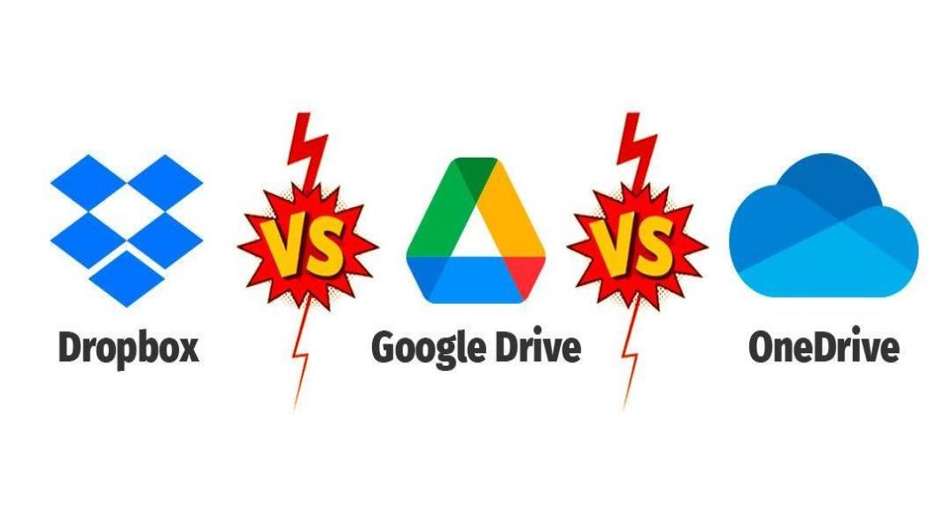 Google Drive, Dropbox, and OneDrive logos side by side representing cloud storage comparison