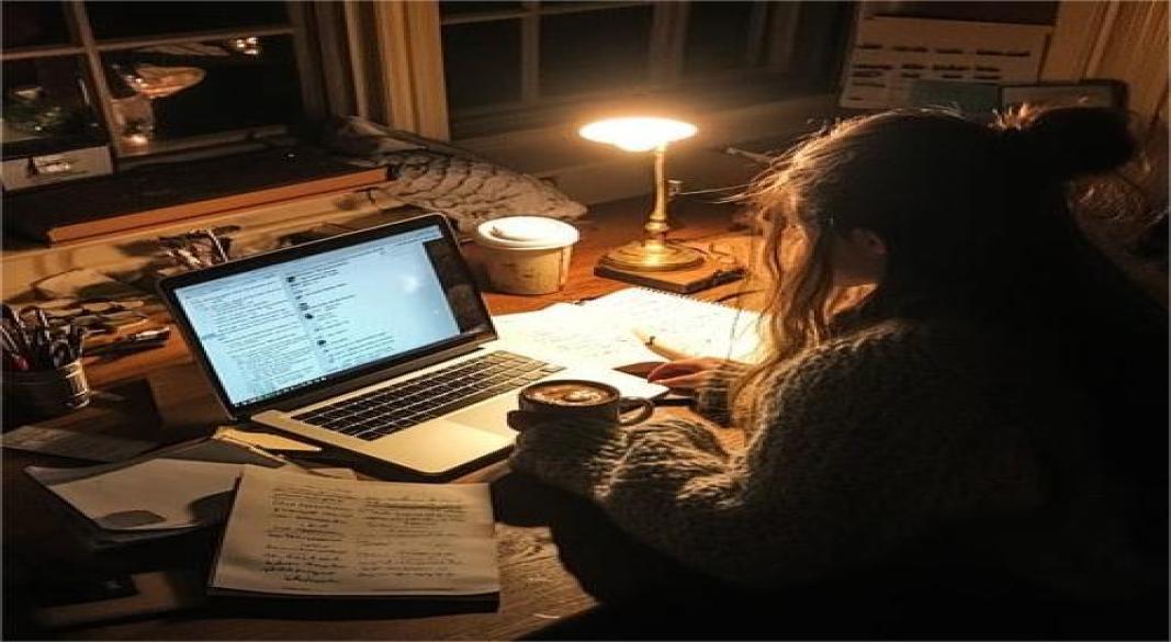 Focused student studying with notes, books, and computer