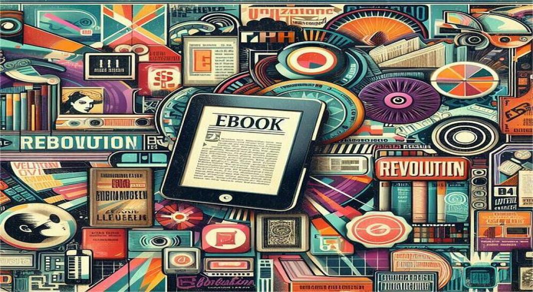 Person reading an e-book on a tablet surrounded by digital books and devices
