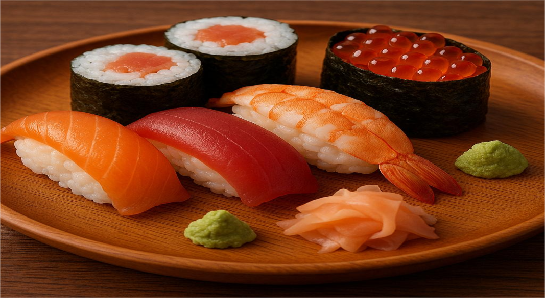 Authentic Japanese Sushi rolls with salmon, cucumber, and avocado