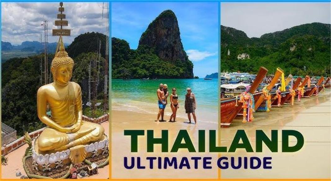 A vibrant view of Thailand showing tropical beaches, golden temples, bustling street food stalls, and the colorful Songkran water festival.