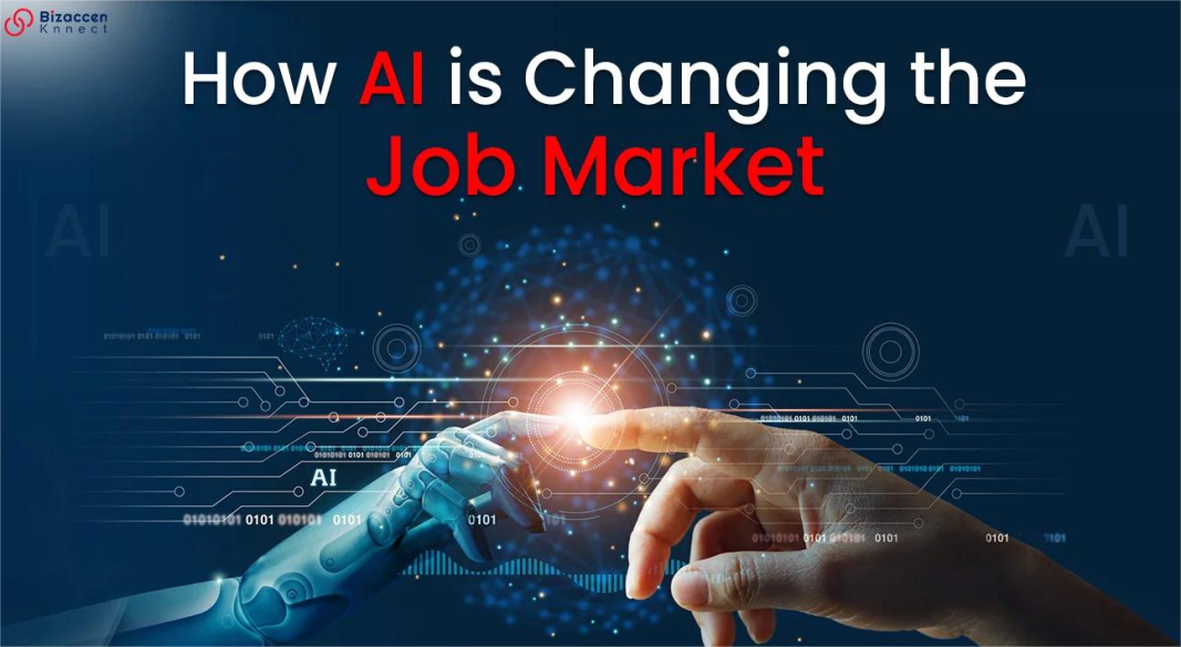 A futuristic office with humans working alongside AI-powered robots and digital assistants, symbolizing the changing job market.