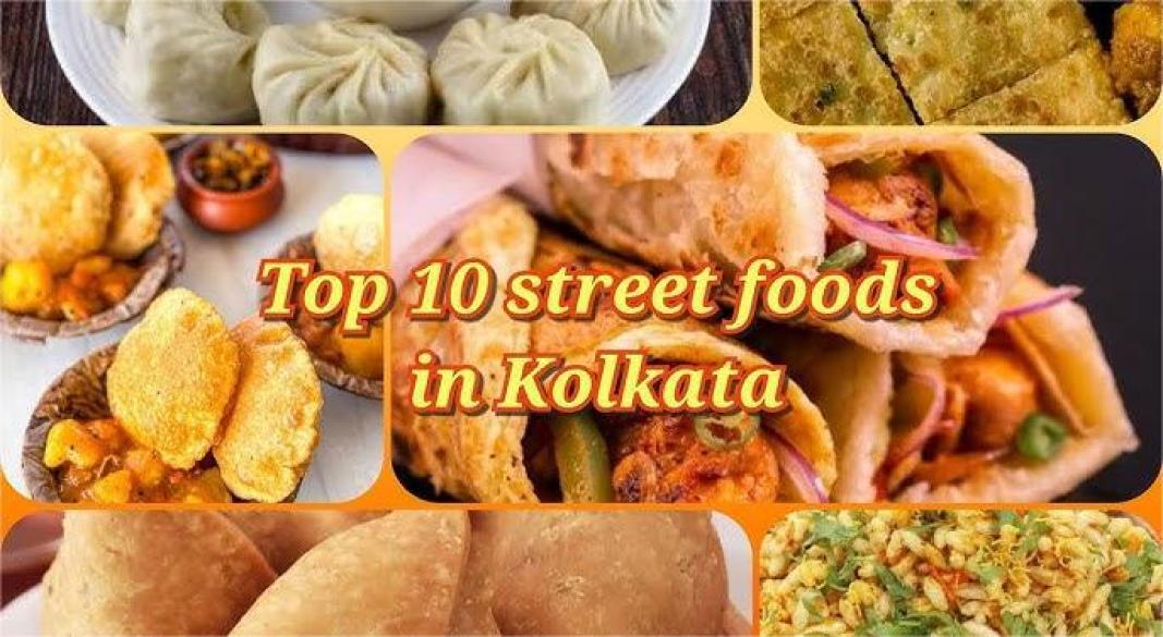 Colorful display of Kolkata street foods including Puchka, Kathi Rolls, Telebhaja, and Mishti, representing the city’s rich culinary heritage
