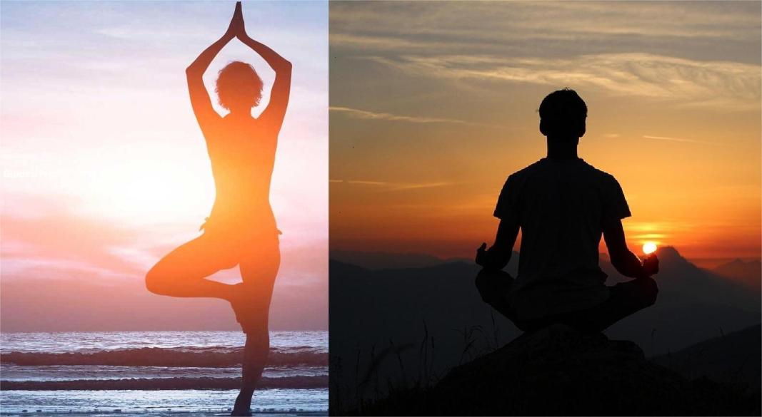 A group of people practicing yoga and exercise outdoors during sunrise