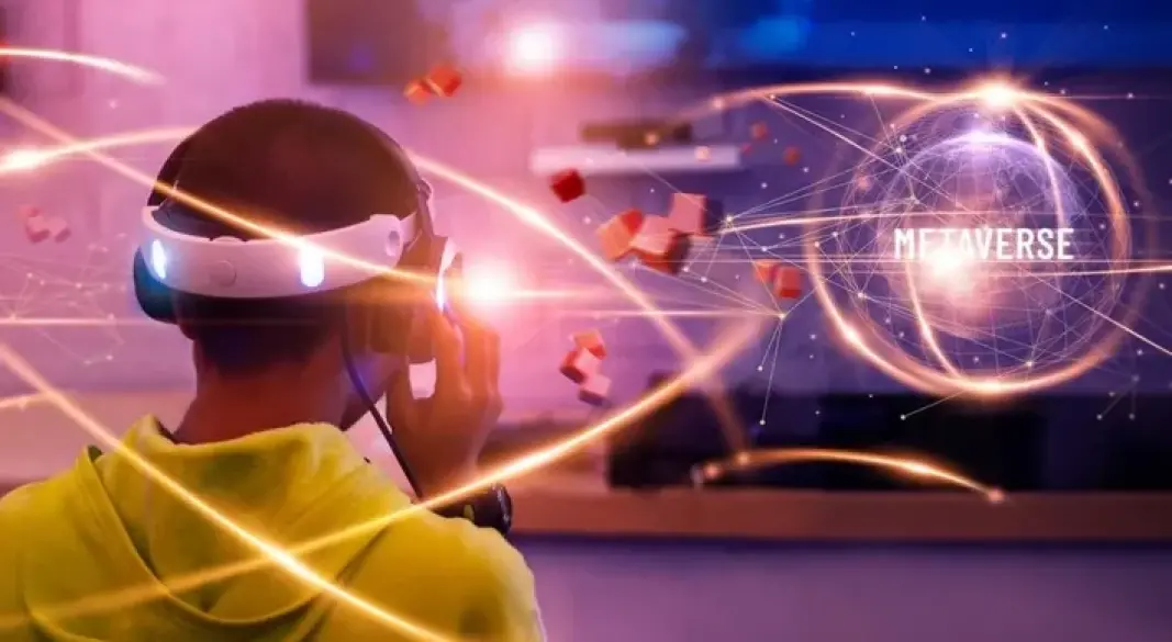Gamer wearing a VR headset while playing, with futuristic graphics, eSports arena, and cloud gaming icons representing the future of gaming