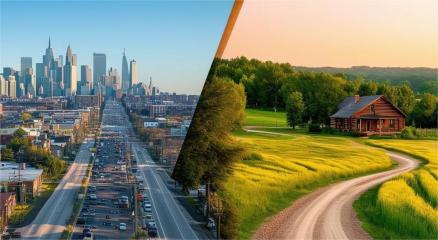 A split-scene showing a busy city skyline with skyscrapers on one side and a peaceful countryside with fields and houses on the other.
