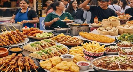 People enjoying vibrant street food stalls filled with colorful dishes