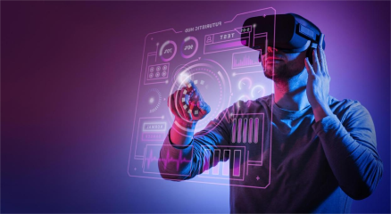 A futuristic gaming setup showing VR headsets, cloud gaming, AI-driven worlds, and immersive haptic controllers symbolizing the future of gaming innovations.