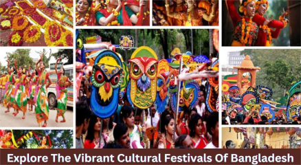 People celebrating Pohela Boishakh with colorful banners and traditional clothes