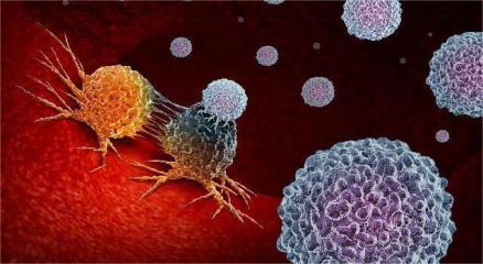 A doctor analyzing cancer cells under a microscope with digital icons representing immunotherapy, targeted therapy, and new cancer drugs.