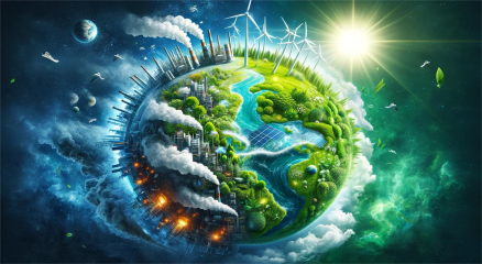 A futuristic renewable energy landscape with solar panels, offshore wind turbines, hydropower plants, and smart grids working together for a sustainable future.