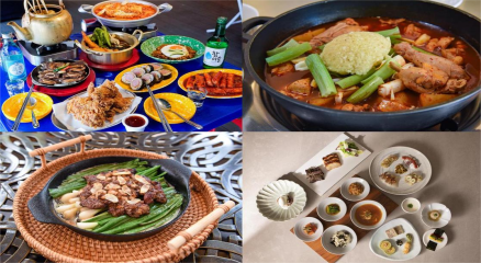 A spread of Korean fried chicken, tteokbokki, kimchi pancakes, and Korean BBQ on a dining table