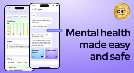 A person using a smartphone mental health app with calming visuals, representing online therapy and digital wellness