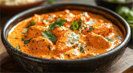 Bowl of chicken korma garnished with fried onions and coriander leaves