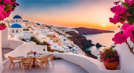 "Santorini’s whitewashed houses with blue domes overlooking the Aegean Sea at sunset"