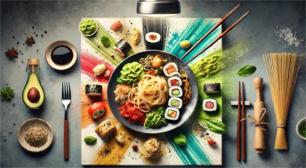 A Japanese dining table featuring colorful plant-based sushi, a frothy matcha latte, and a healthy convenience store bento box.