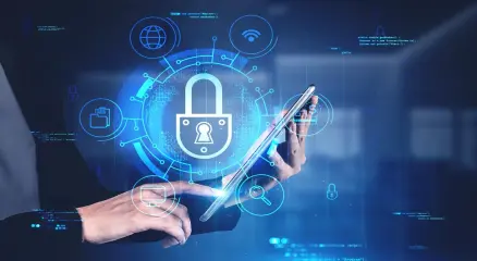“Cybersecurity lock symbol on a digital network background”