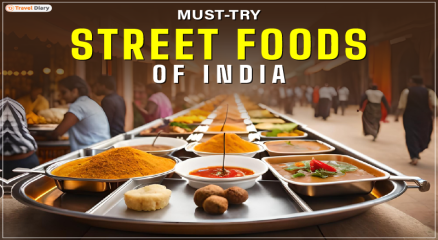 A colorful display of India’s famous street foods including Pani Puri, Vada Pav, and Chaat