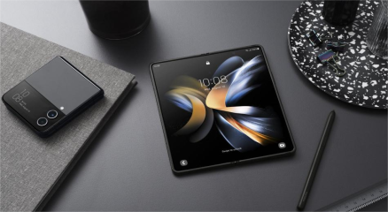 Foldable smartphone showcasing dual-screen flexibility