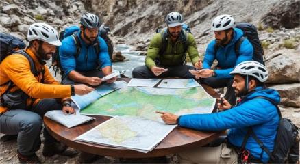 "Adventure travelers hiking through a mountain trail with scenic views"