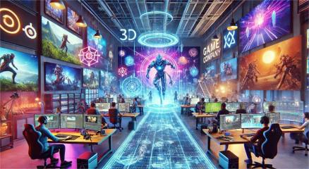 A gamer wearing a VR headset surrounded by futuristic holograms, symbolizing the future of gaming technology and development.