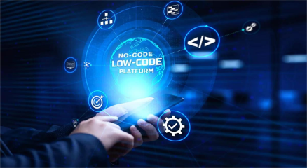 "Business professional using a no-code drag-and-drop software platform on a laptop in"