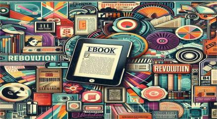 Person reading an e-book on a tablet surrounded by digital books and devices