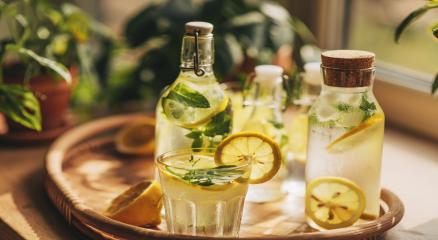Glass jar of lemon–mint infused water with fresh citrus slices on a wooden table