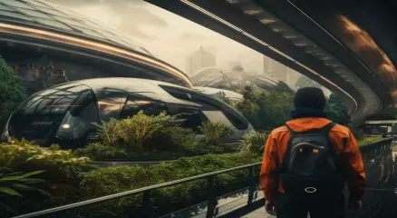 "Students walking across a modern university campus in 2025"