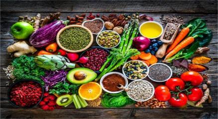 Fresh fruits, vegetables, and nuts rich in vitamins and minerals