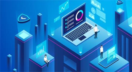 Digital workspace with multiple software icons floating around a laptop