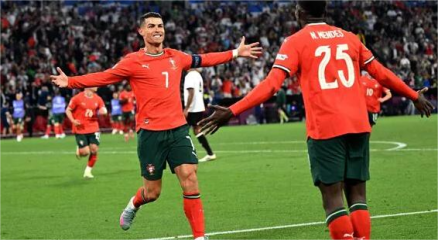 Cristiano Ronaldo celebrating a goal in a stadium
