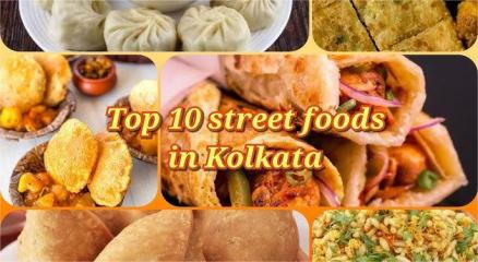 Colorful display of Kolkata street foods including Puchka, Kathi Rolls, Telebhaja, and Mishti, representing the city’s rich culinary heritage