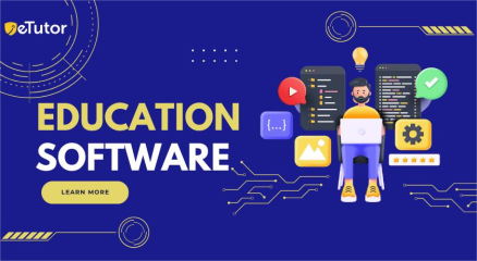 Students and teachers using laptops and tablets with educational software like Google Classroom, Khan Academy, and Moodle in a modern digital classroom.